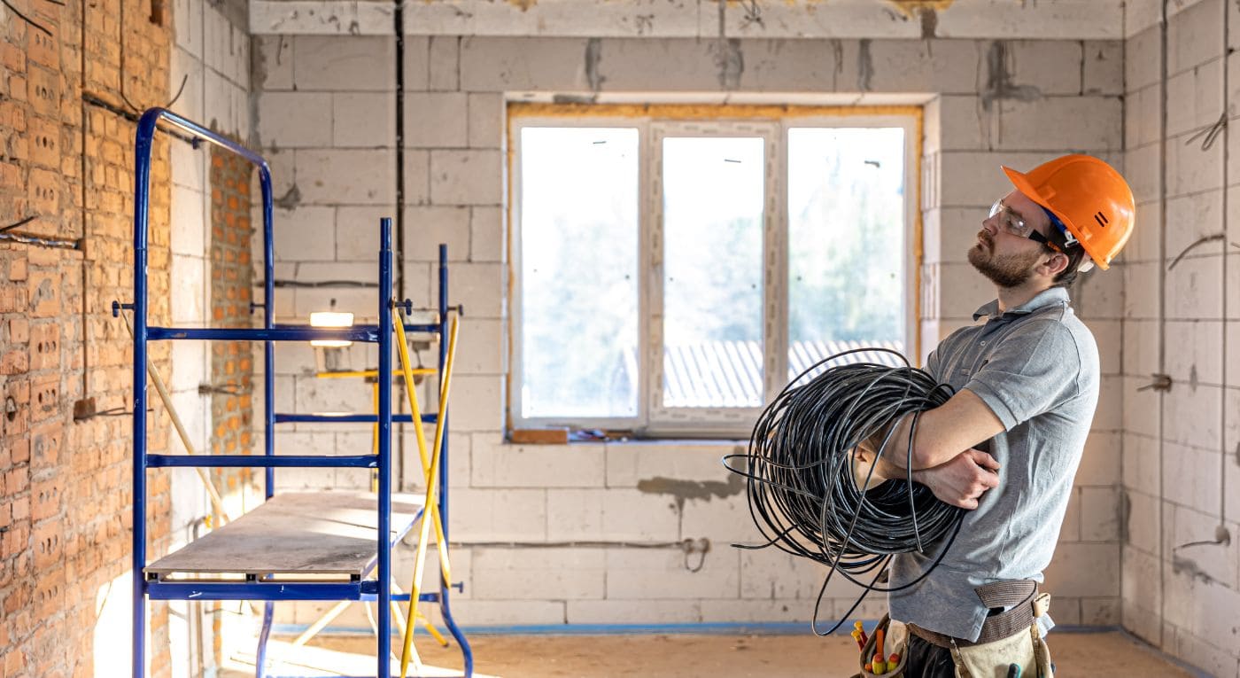 Operario con un rollo de cable eléctrico en una vivienda en obra durante la renovación de la instalación en Zaragoza