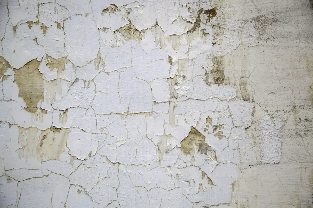 Pared con la pintura descascarillada y manchas de una humedad por capilaridad, eliminar humedad por capilaridad en Zaragoza