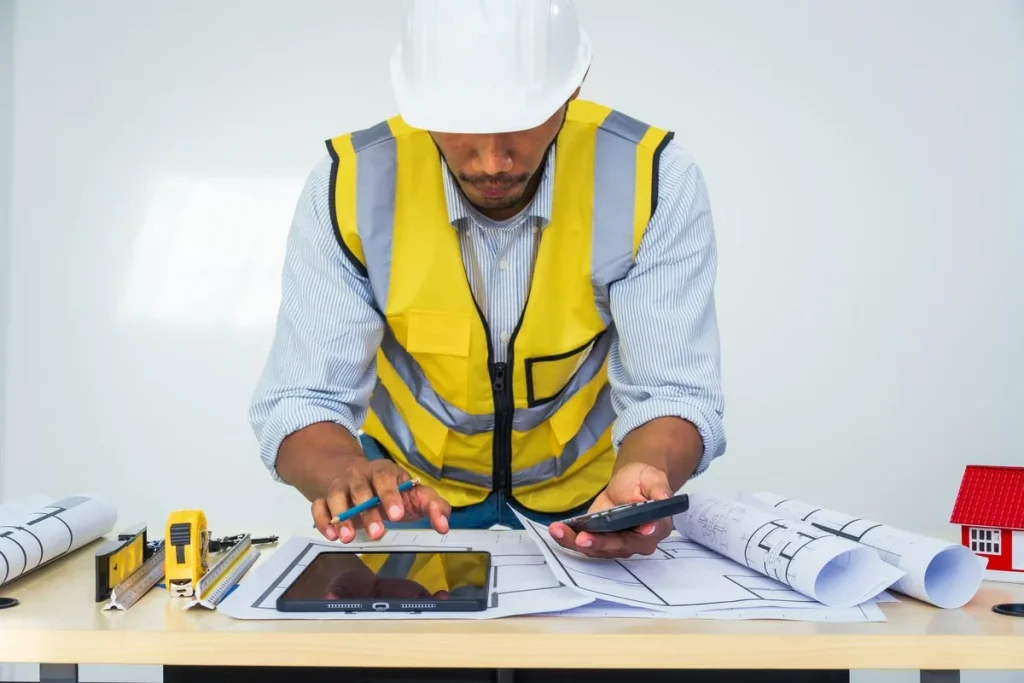 Técnico con casco y chaleco revisando planos y mediciones con una tableta para preparar un presupuesto, empresas albañiles Zaragoza