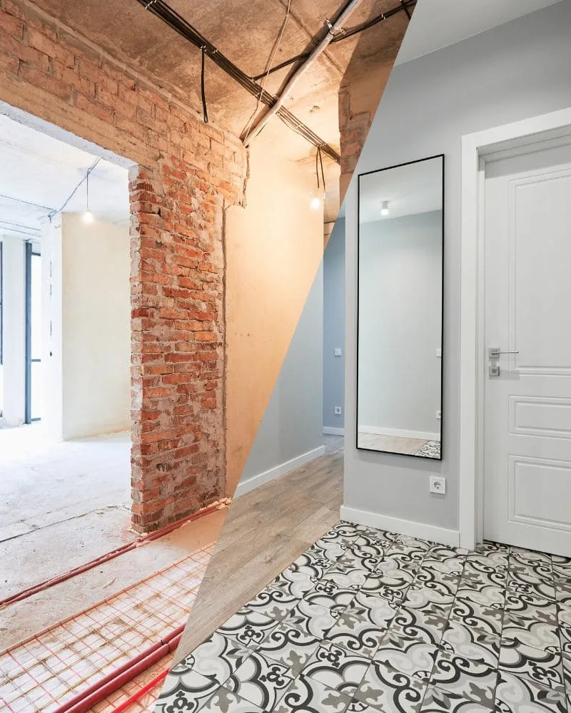 Pasillo de piso a medio reformar, con el ladrillo visto a un lado y el acabado nuevo con suelo hidráulico al otro, ideas reformas pisos Zaragoza