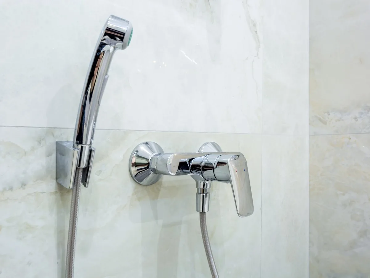 Grifería de ducha cromada con teleducha sobre azulejo claro, precio cambiar grifo Zaragoza