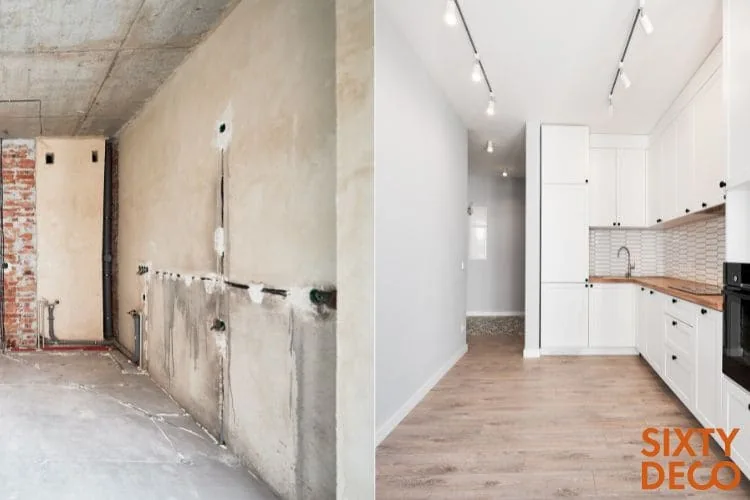Antes y después de una cocina, de la pared con el ladrillo y las tomas al aire a los muebles blancos ya montados, reforma cocina antes y después Zaragoza
