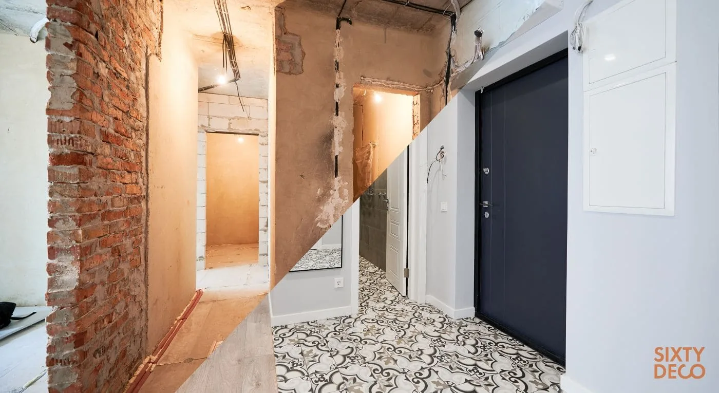 Antes y después de la entrada de un piso, con el ladrillo a la vista y ya reformada con suelo hidráulico, reforma para alquilar Zaragoza