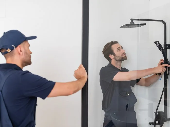 Dos instaladores montando la columna de ducha detrás de una mampara de vidrio, reformas baños pequeños con ducha Zaragoza