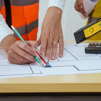 Manos dibujando con lápiz el plano de una vivienda junto a un nivel y una calculadora, reformas de áticos en Zaragoza